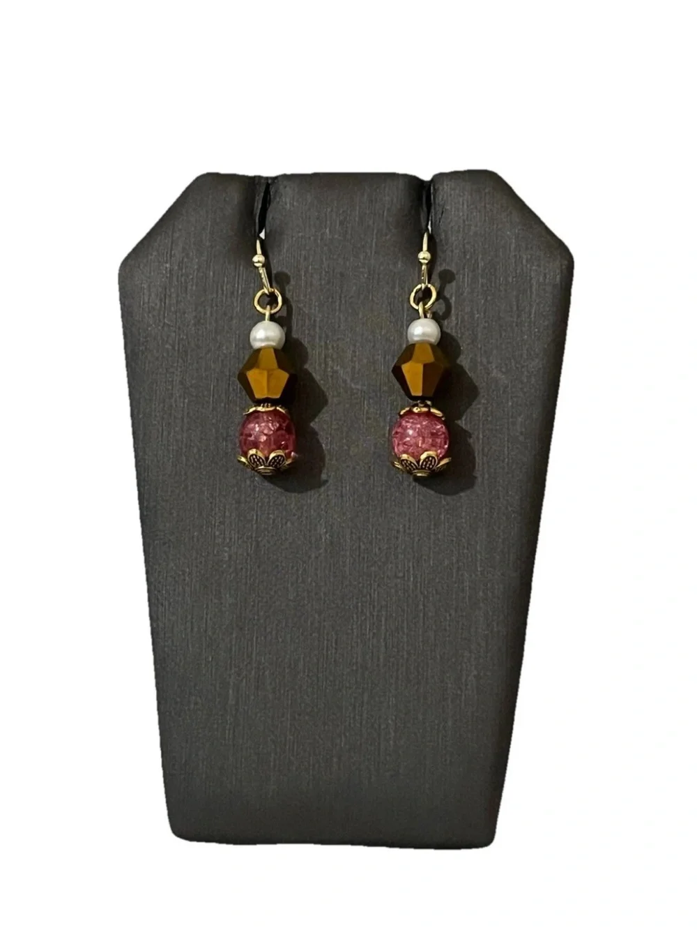 Handmade Beaded Dangle Earrings Gold Tone Cranberry Red Pink Bead Pearl Drop